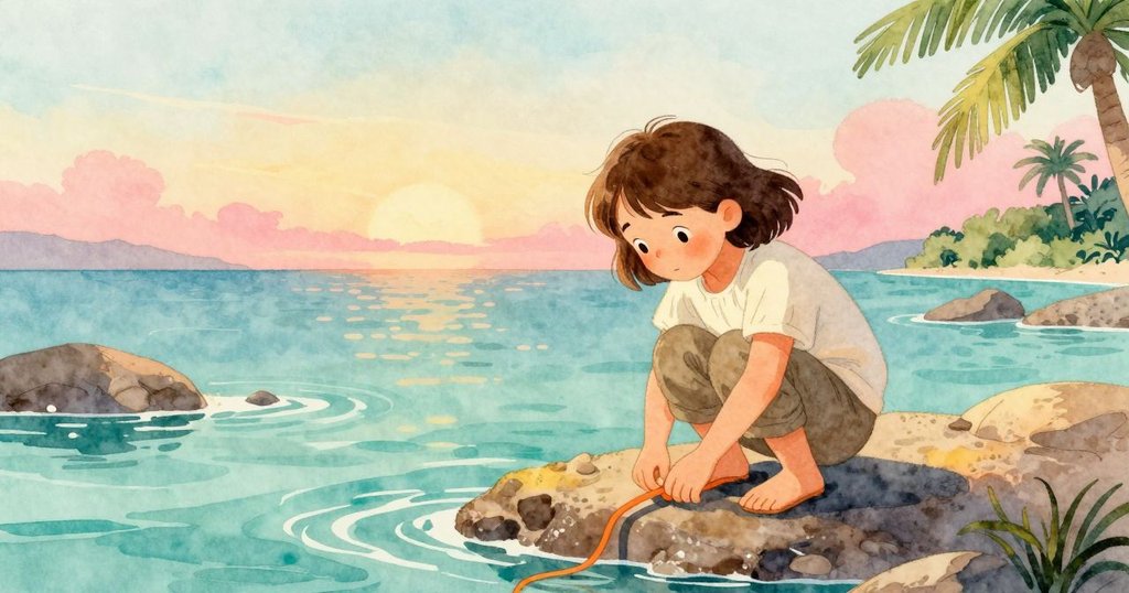 克拉拉蹲在潮池邊，仔細檢視放在岩石上的橙色鞋帶，晨光溫暖，神情專注，海邊場景生動