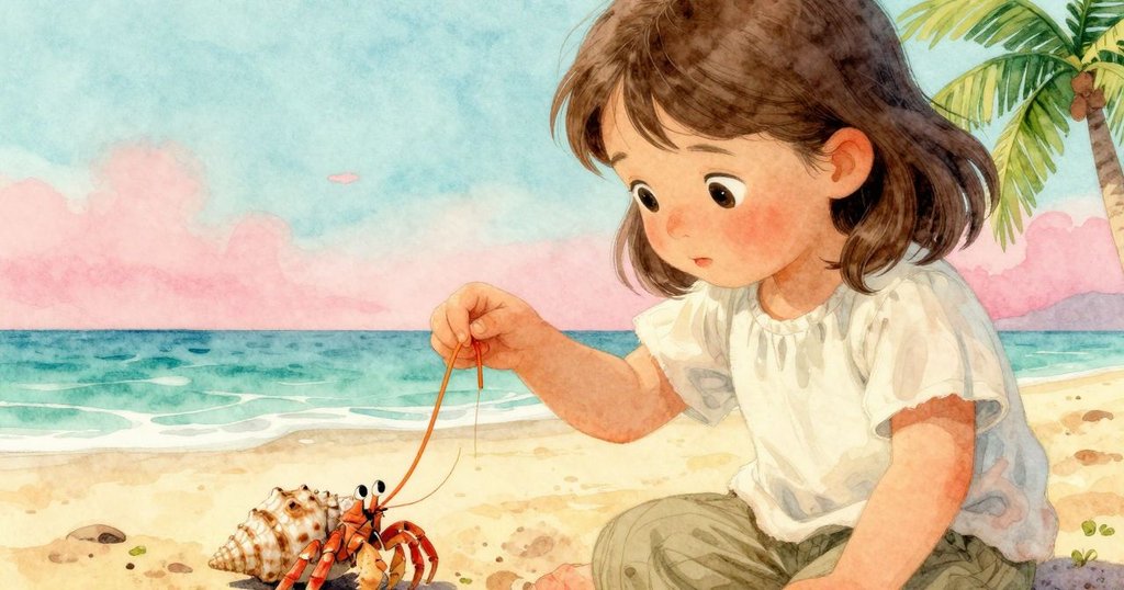 克拉拉的手緊握著橙色鞋帶，近距離展示鞋帶線頭與小蟹輕敲細節，海邊細膩質感鮮明