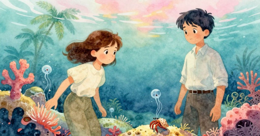 水下視角中展現潮池內溫柔光影，鞋帶旁海葵搖曳，浮游生物點綴，小蟹穩定立於線脊上