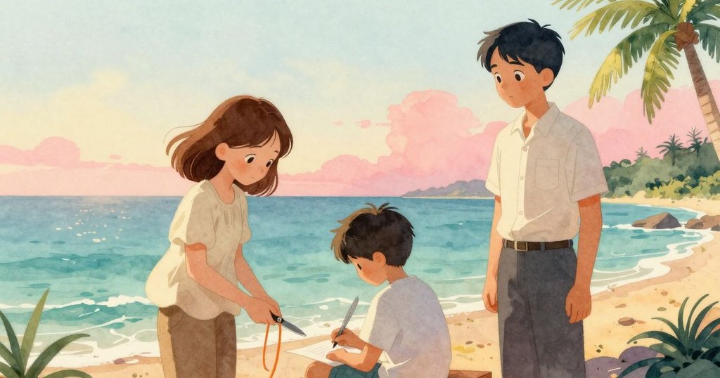 克拉拉與裘德在潮池邊交流，克拉拉持小刀操作鞋帶，裘德細心素描，黃昏金光映照，溫暖合作氛圍