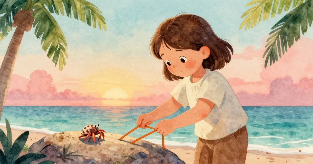 克拉拉輕壓橙色鞋帶於岩石上，小蟹恢復巡邏，夕陽柔光灑落海邊，場景平和呼應初始畫面