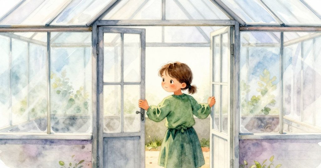 哈里特推開溫室門,走入充滿溫暖光線與潮濕空氣的室內,展現出堅定而專注的步伐。