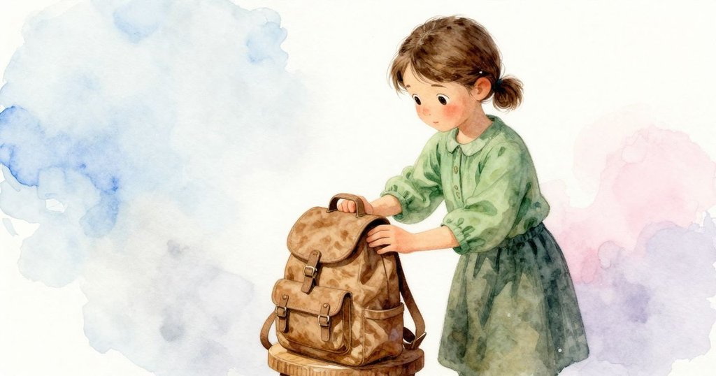 哈里特將背包小心放於舊木凳上,手指輕觸木質表面,流露出對記憶的細膩感受。