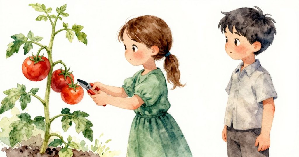 哈里特站在番茄藤旁,注視長椅的空缺,約里克靜靜現身,手持剪刀流露出溫柔疑問。