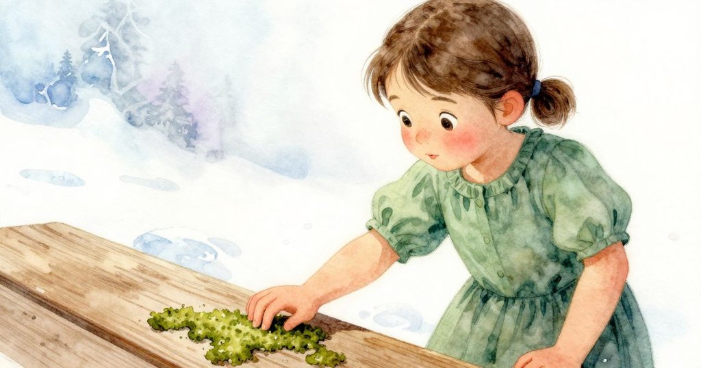 哈里特注視著長椅上空缺的痕跡,微濕手指輕懸於其上,展現出靜謐而專注的探索情懷。