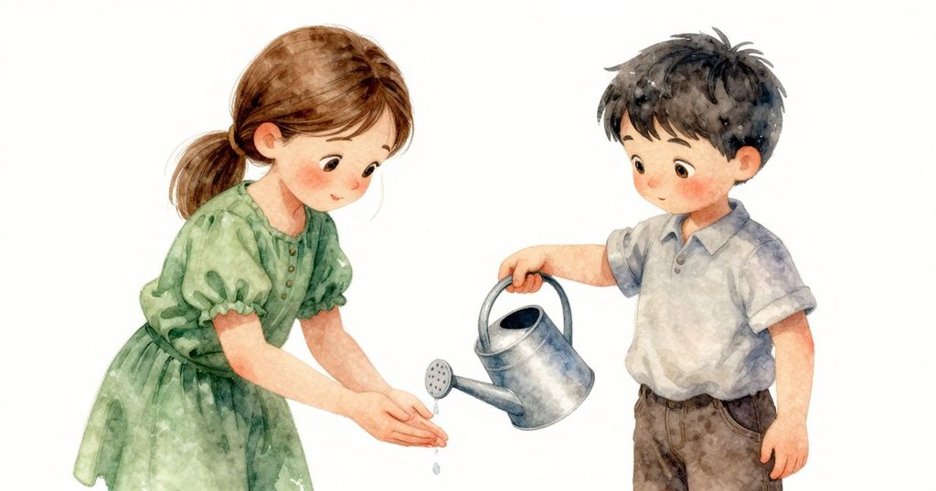 哈里特舉起澆水壺,將細流灌於藤蔓下,水滴映於手上閃爍,約里克靜靜觀望,彷彿共享寧靜瞬間。