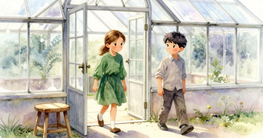 哈里特與約里克一同走向出口,半掩的門映出光帶,木凳上留下一片溫暖光影,情感深遠告別。