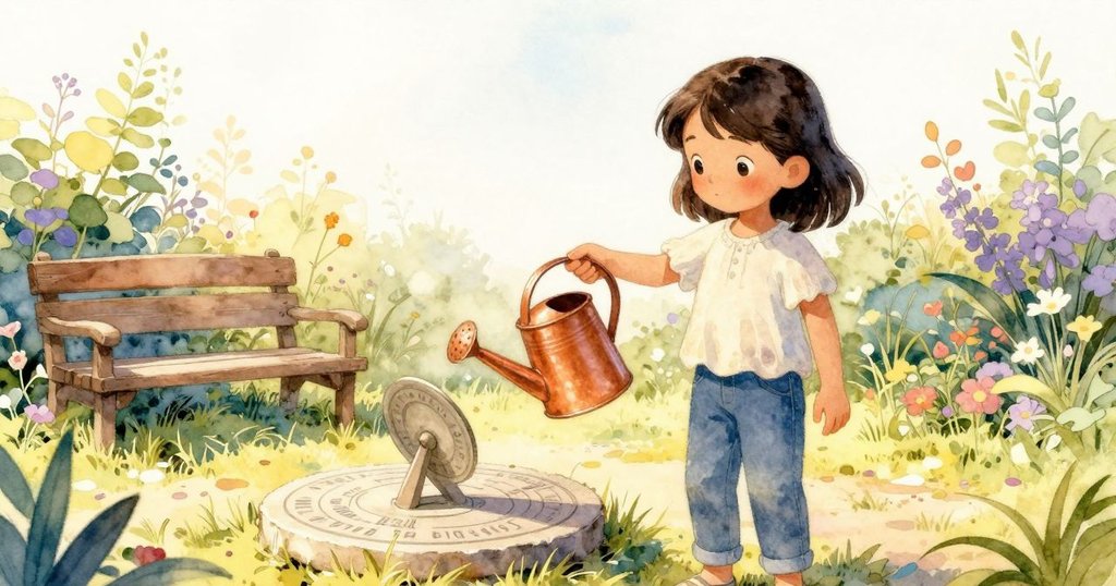 雅斯敏在溫暖的花園中舉起銅製澆水壺，背景有石製日晷和長椅，表情專注準備開始工作