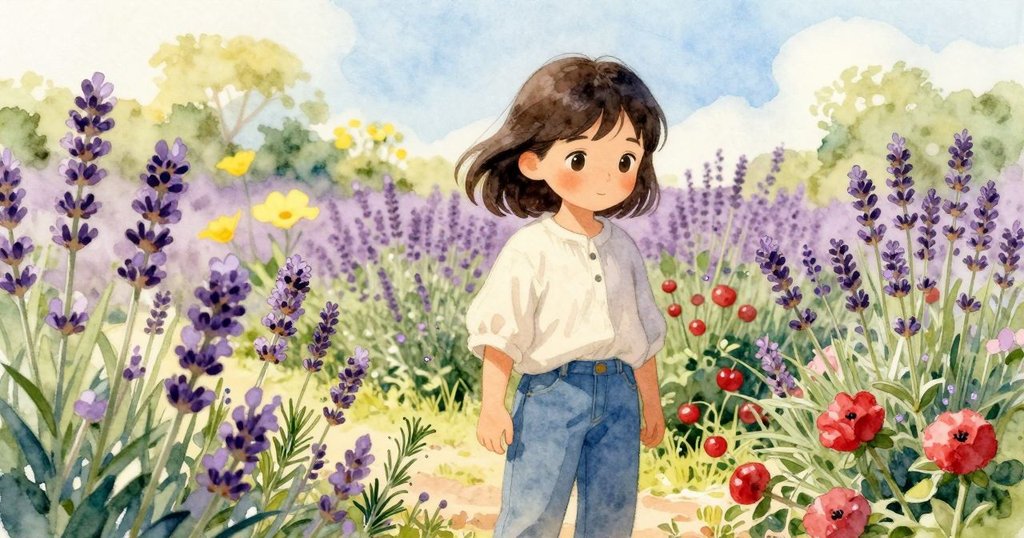 雅斯敏在盛開的花園中暫停，沉醉於薰衣草、迷迭香與百里香的香氣，蜜蜂飛舞，畫面充滿生機與溫暖光線