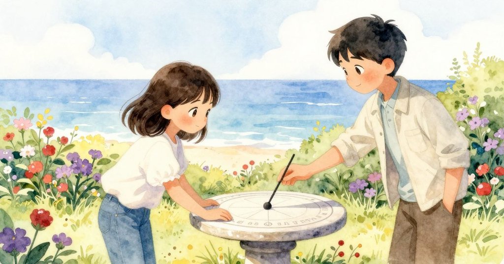 雅斯敏和索倫在寧靜花園中共同完成日晷修整，雅斯敏輕輕點上一記瞬間印記，兩人相互陪伴，畫面充滿和諧與平靜