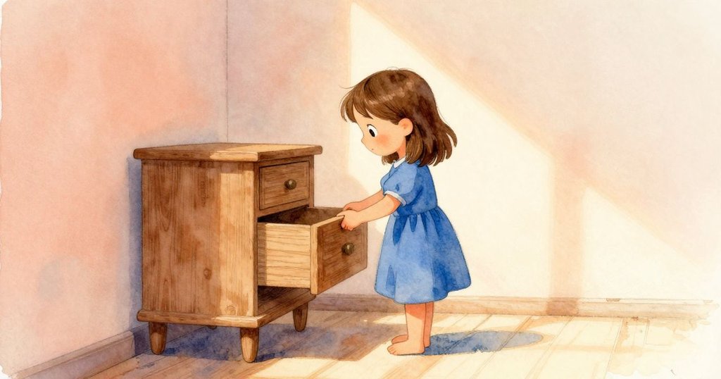 菲奧娜在溫暖居家環境中輕輕拉開雪松抽屜，神情寧靜，桌上燈光映照著紙張與木紋細節和諧