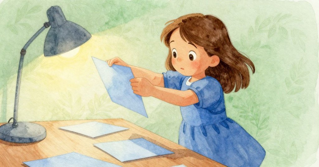 菲奧娜用斜角視角折藍色紙張，手勢動作明快，桌上散布各色紙張，燈光溫柔