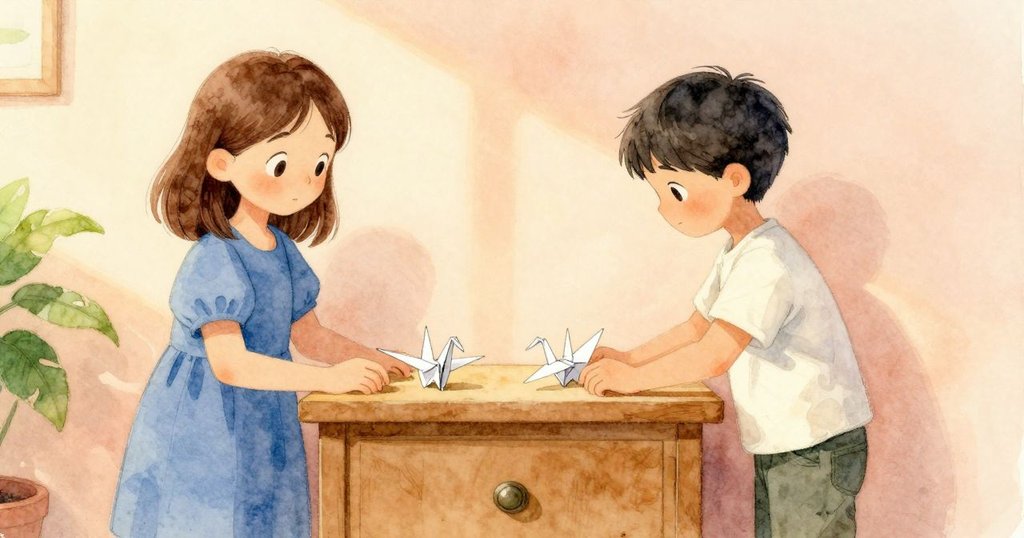 菲奧娜於桌上擺放平衡鶴形紙模型，輕推雪松抽屜，烏利克背景摺紙進行中，室內溫馨寧靜