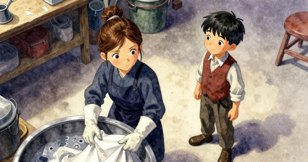 芬娜與雨果在工坊中觀察不停移動的布與紫鍋，從鳥瞰角度呈現細膩機械運作與期待神情