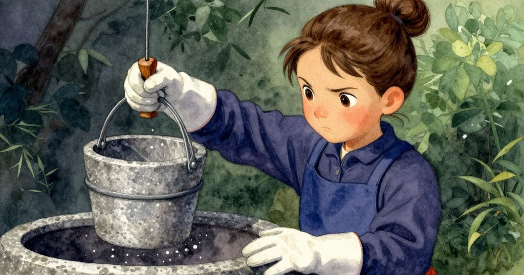 芬娜專心觸摸紫鍋邊緣，細緻展示木製開關與搖晃的石桶，場景充滿神秘質感