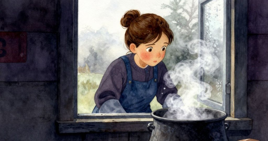 透過結霜窗戶看進工坊，芬娜注視著紫鍋冒出的蒸氣，神情中透露出好奇與堅定