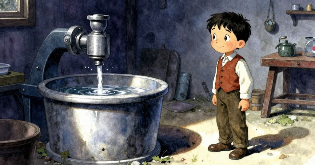 雨果在工坊中觀察機械裝置，從低角度展示暖光和暗影，神態中流露幽默與細膩注意