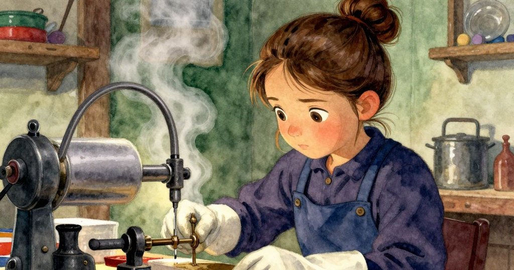 在工坊靜謐一刻，芬娜滿意地注視著完成循環的裝置，近鏡頭捕捉她內心平靜與溫暖燈光融合