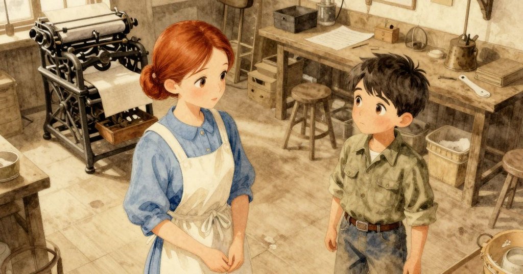 喬艾與芬坦在古色古香工作坊內合作印刷,鳥瞰圖展現溫暖光影與懷舊環境,充滿活力