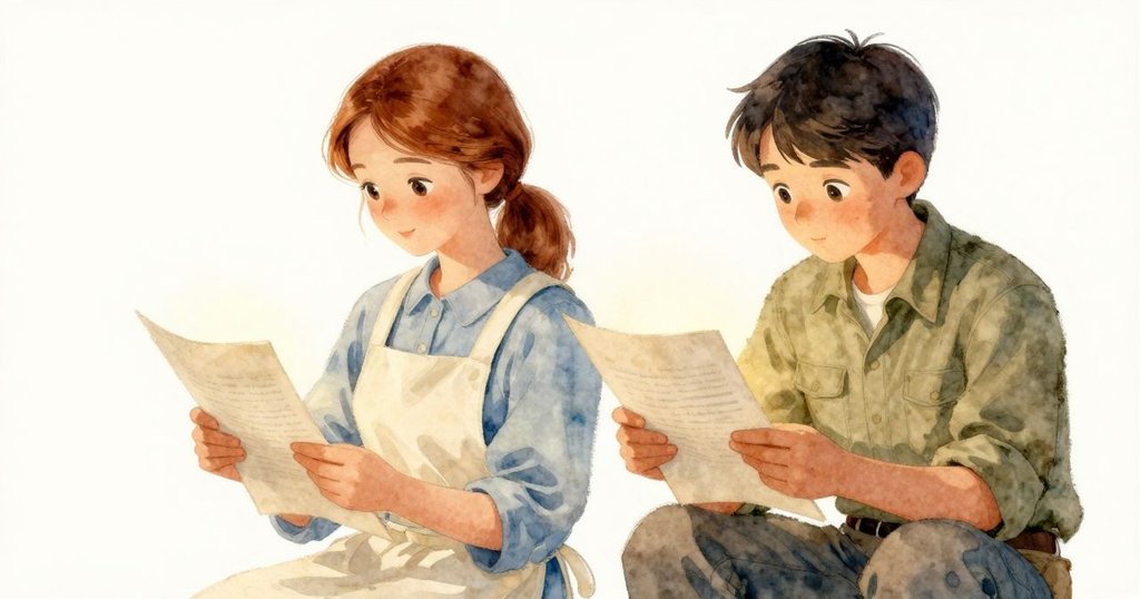 喬艾專注檢查傾斜印刷頁,背景空白突顯沉思神情,芬坦在一旁重新上墨,氛圍安靜