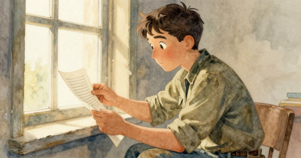 芬坦靠近窗邊,仔細端詳新印刷頁,窗外柔光與燈光交融,展現認真工作神態