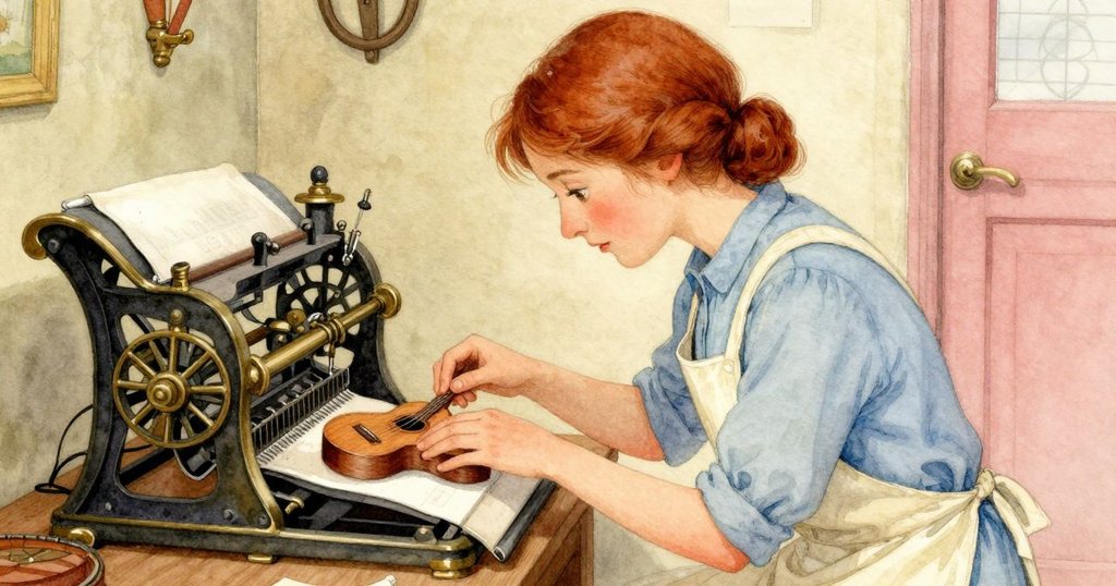 喬艾蹲身於印刷機旁,細查小木吉他調整器,高角度展現工作室內溫暖細節與手勢專注