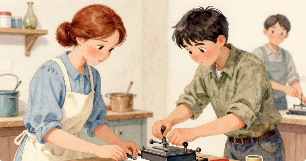 喬艾專注移除調整器,手勢細膩決定使用細鉛條,芬坦在背後默默支持,共同追求完美印刷