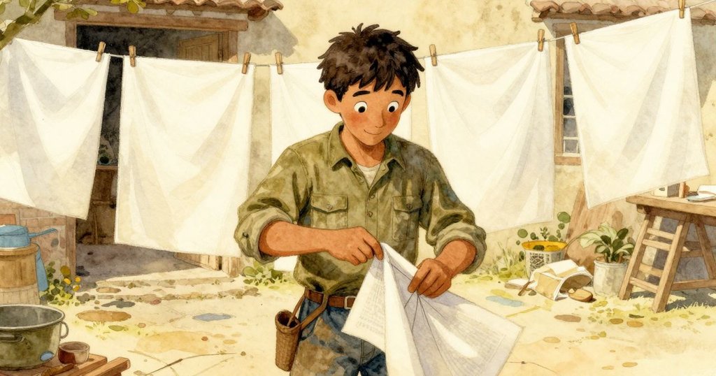 芬坦滿意地將成功印刷頁穿上晾綫,臉上洋溢微笑,小木吉他調整器安靜放旁,展現團隊成果