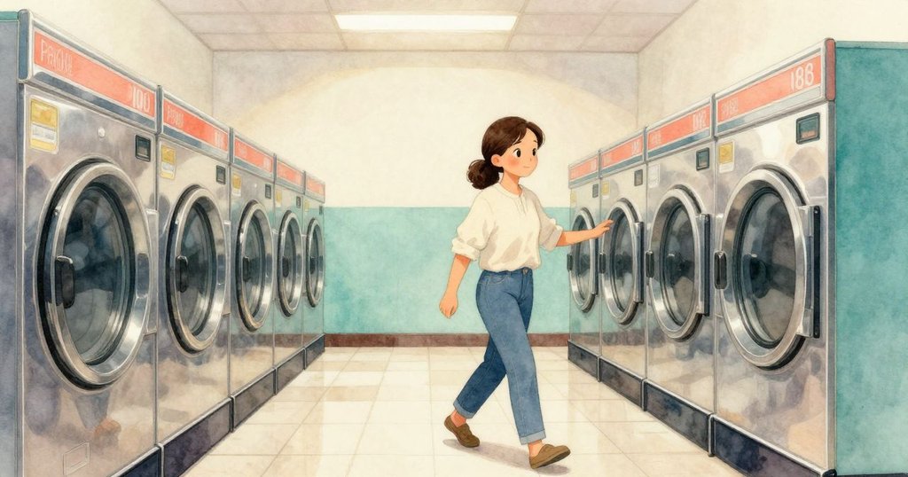 Olyvia 走入洗衣店, 背著籃子, 在燈光下向洗衣機走去, 表情充滿期待, 展開故事序幕