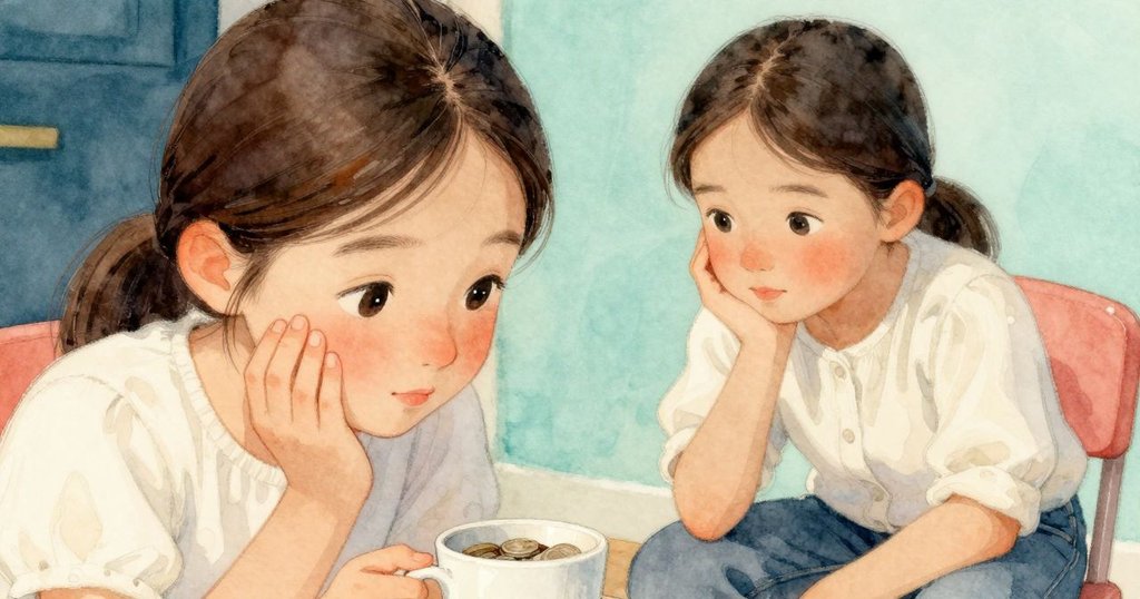 Olyvia 停下腳步, 目光專注凝視洗衣機銅杯中閃亮令牌, 細緻表情展現探索與好奇