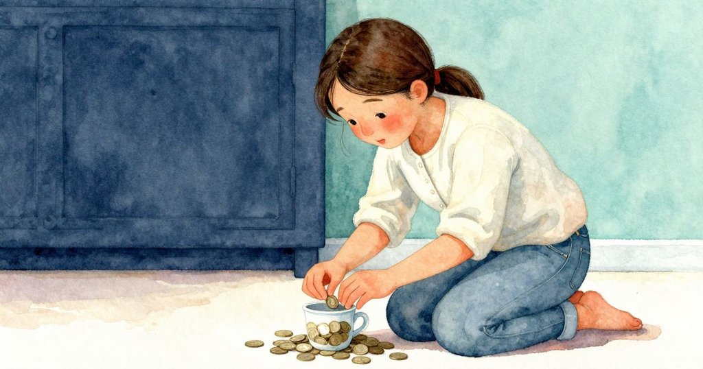 Olyvia 膝跪於洗衣機旁, 用手輕掃杯沿細看刻痕, 低角度展現探尋神秘細節的情景