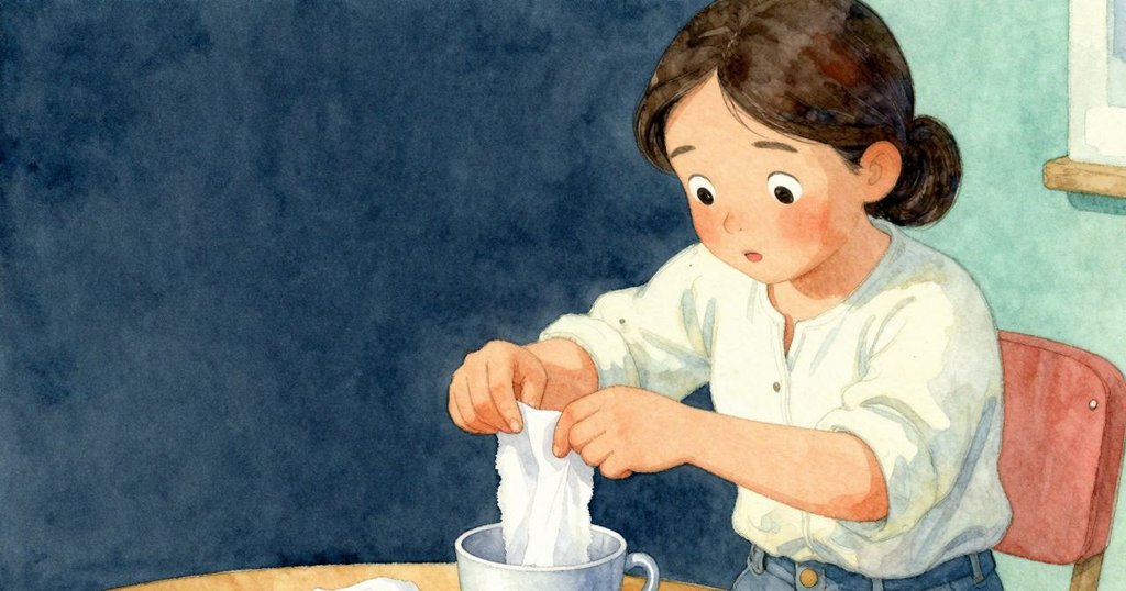 Olyvia 的手緊握乾衣紙包裹於銅杯邊緣, 近距離展現微妙轉動聲響與緊張時刻