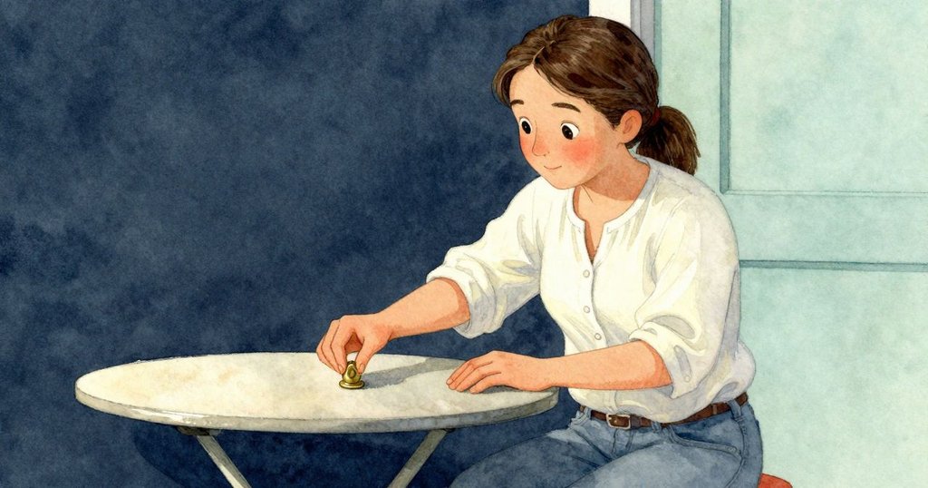 Olyvia 輕放銅幣於杯邊, 在桌上展現溫和完成, 表現結局與新開始, 神情滿足安靜