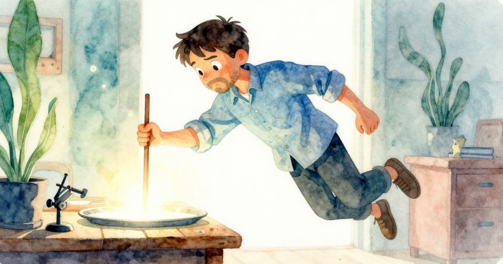 烏利西斯在明亮工作室中，剪影狀態下拿著工具準備作畫，背景燈光明亮，充滿期待與神秘感