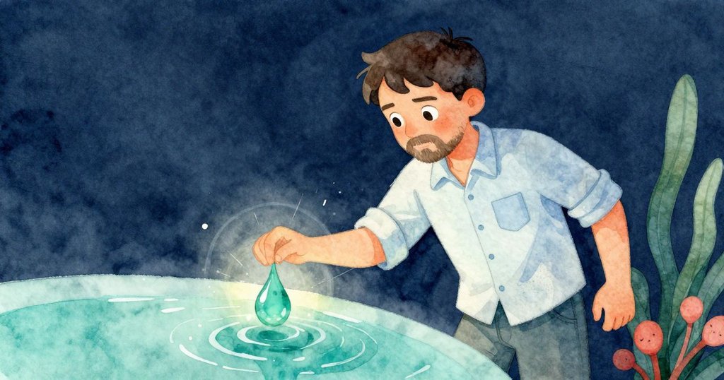 烏利西斯專注看著紙盤上落下的翠綠水珠，形成亮環和淡琥珀色光環，呈現神秘且充滿魔力的瞬間