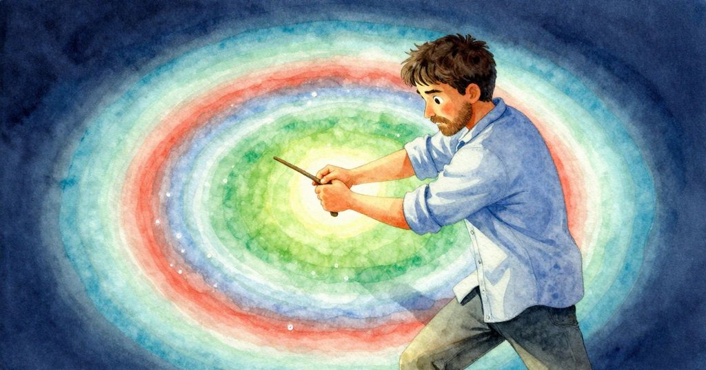 從高處俯視，烏利西斯正專心扭動工具調整綠色中心，他那帶藍點的袖子彰顯著創作過程的細膩