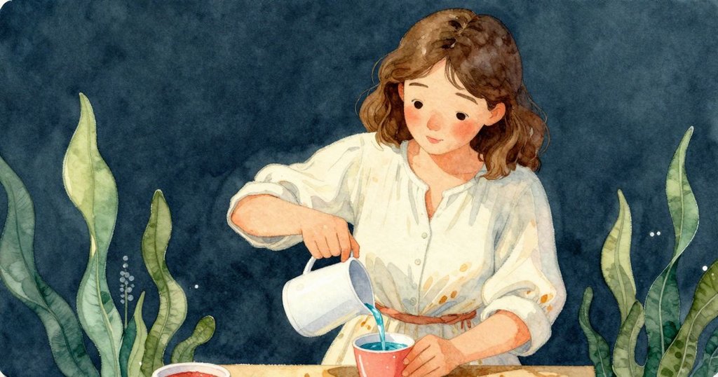 莉拉在顏料攪拌台前輕敲杯子並倒入水與綠色顏料混合，專注速寫創意，展現動感創作情景