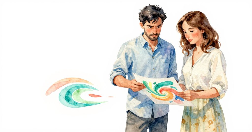 烏利西斯與莉拉合力舉起紙張，展示出漩渦狀繽紛藝術品，彼此間流露出欣喜與滿足的神情