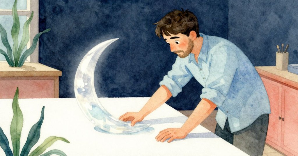 烏利西斯在靜謐工作室中輕推透明新月圖案至紙張中央，現出協調柔和的創作落幕，環境充滿平和之美