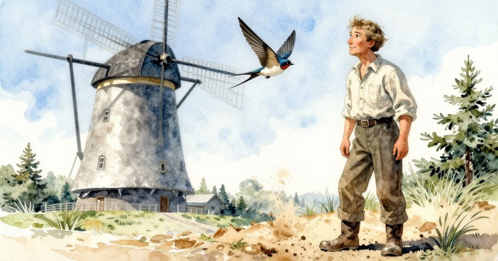 男子站在水車門前注視揚著塵土的燕子，背景為水車建築和流水聲，光影分明，充滿神秘感