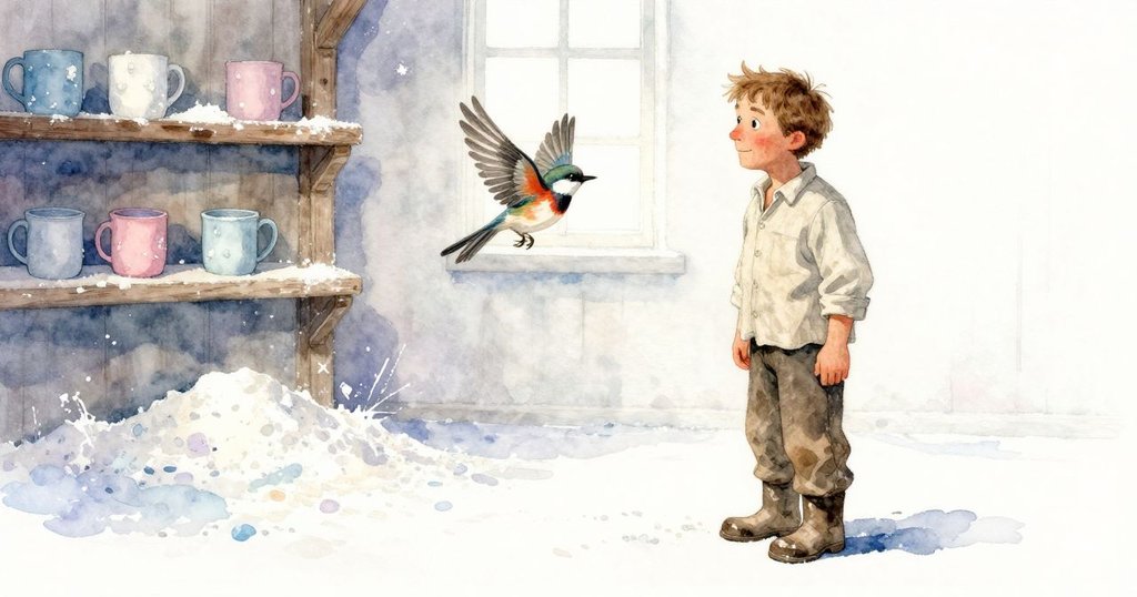 水車內部鋪滿麵粉，架上一正一倒的杯子靜置，空椅子與寧靜氛圍相映襯，溫柔光線灑落