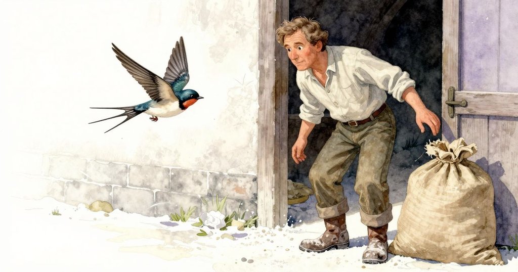 男子踏入麵粉覆蓋的水車內部，靈活的燕子在門旁的袋子附近輕盈飛舞，室內光線柔和