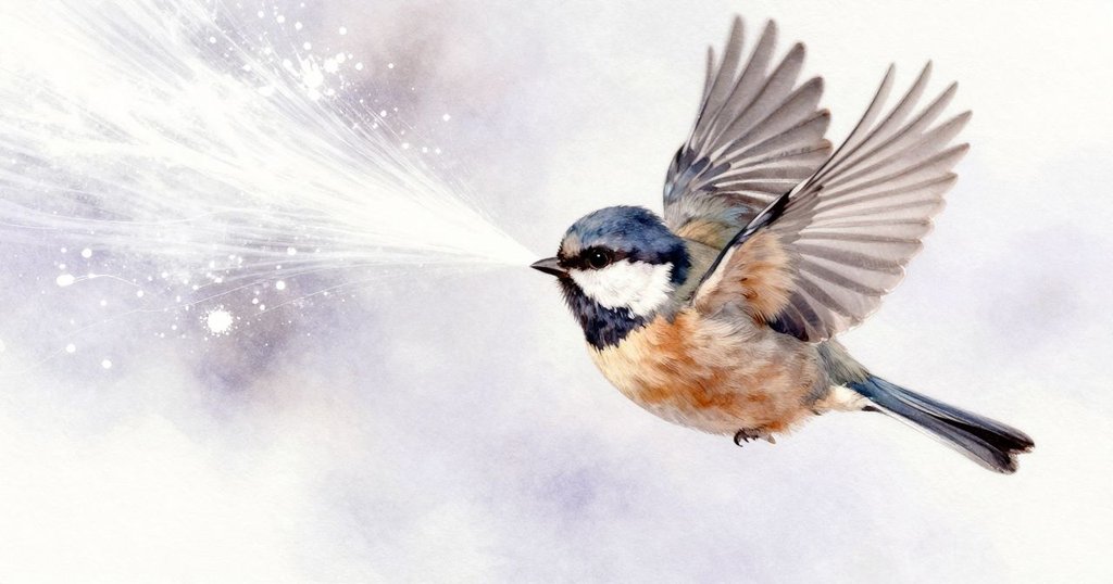 特寫展示水車橫樑上隨燕子振翅散發的麵粉細節，光線柔和，麵粉在空中形成超現實幾何圖案