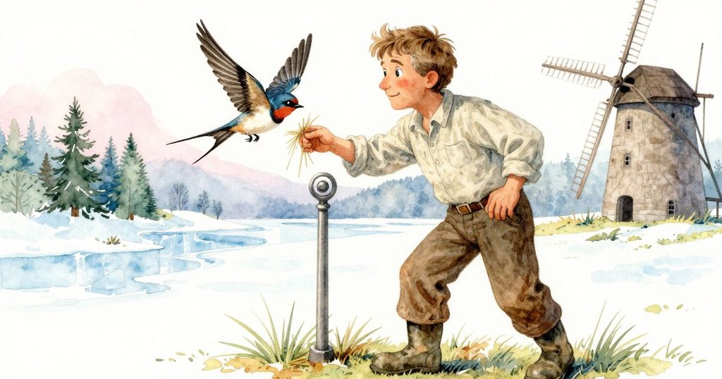 男子伸手靠近操作杆，燕子在缺口上收集草與苔蘚搭巢，室內暖光照亮他們之間溫柔的互動