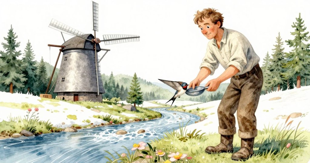 廣角鏡頭展現整個水車與流動河水，男子將金屬鏟子放在等待的燕子旁，場景寧靜而充滿和諧