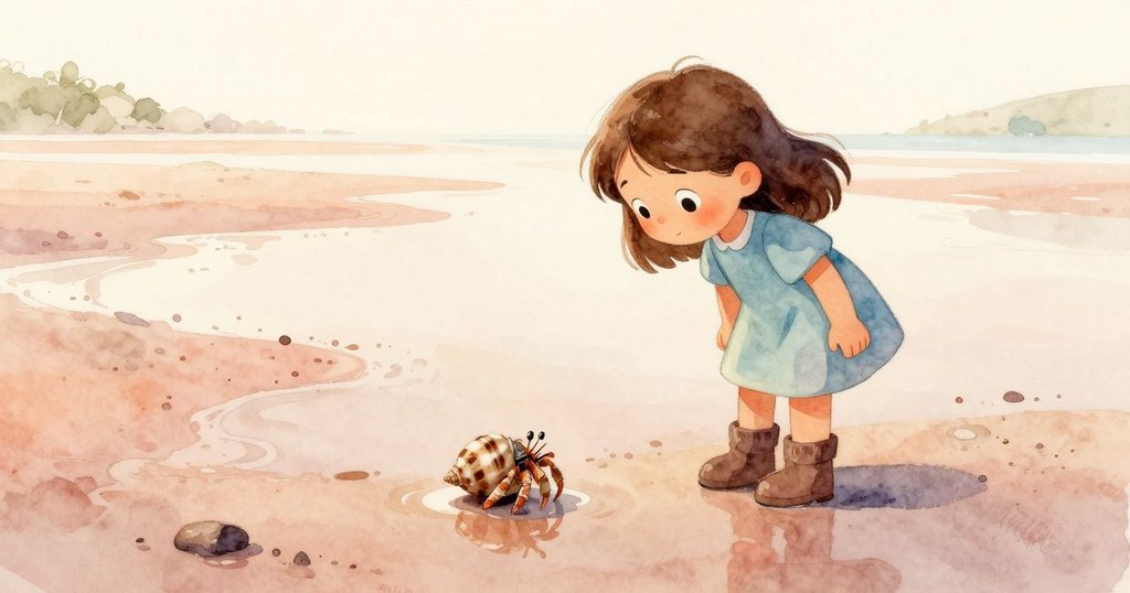 雅拉站在卵石嶺上觀看寄居蟹拖動條紋龜殼，背景為溫暖潮間帶，充滿好奇與寧靜。