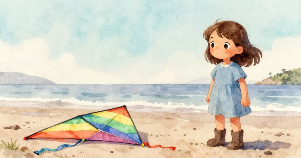 雅拉走向潮線附近，靠近被鹽覆蓋的廢棄彩虹風箏，背景空曠，氛圍孤獨而沉思。