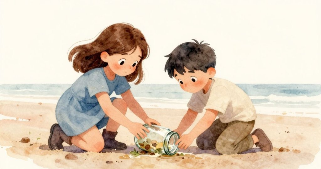 雅拉跪在潮間帶柔軟沙土上，小心挽救傾斜的玻璃罐，旁邊阿拉里克靜坐，畫面層次分明。