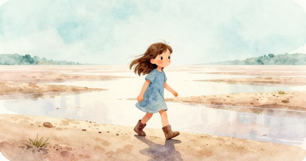 雅拉在退潮後堅實沙脊上走過，微風吹拂著她的髮絲，臉上帶著沉思微笑，場景開放而曖昧。