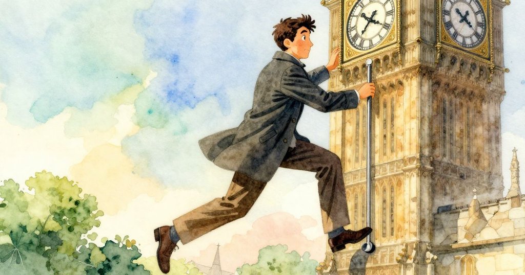 伊夫推開鐘樓小門進入室內，動作果斷，石牆及垂直日光交錯，充滿探索與好奇的情感